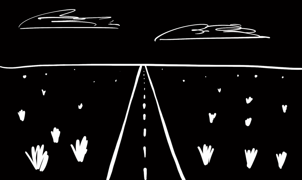 A black-and-white sketch of a road stretching into the distance, meeting the horizon